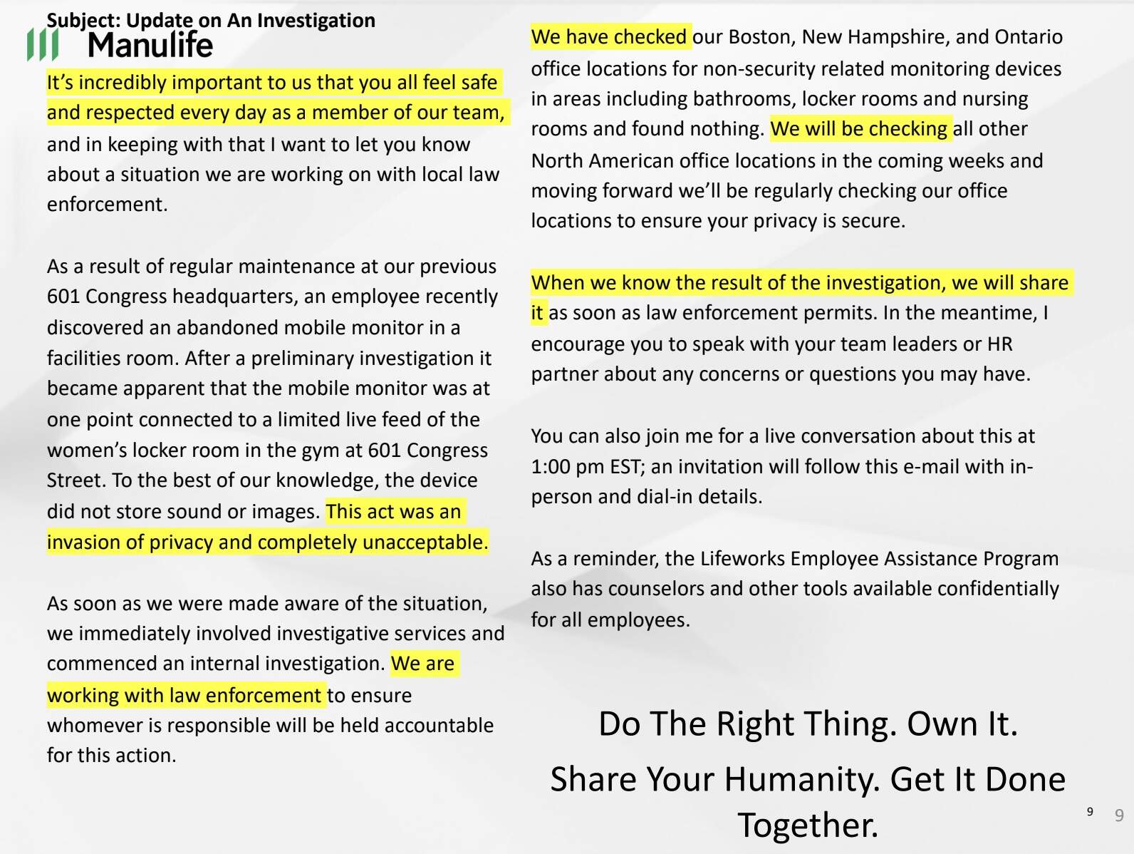 A slide as shown during a crisis communications presentation focused on the hidden camera incident. The highlights were present on the original image. (Courtesy plaintiffs)